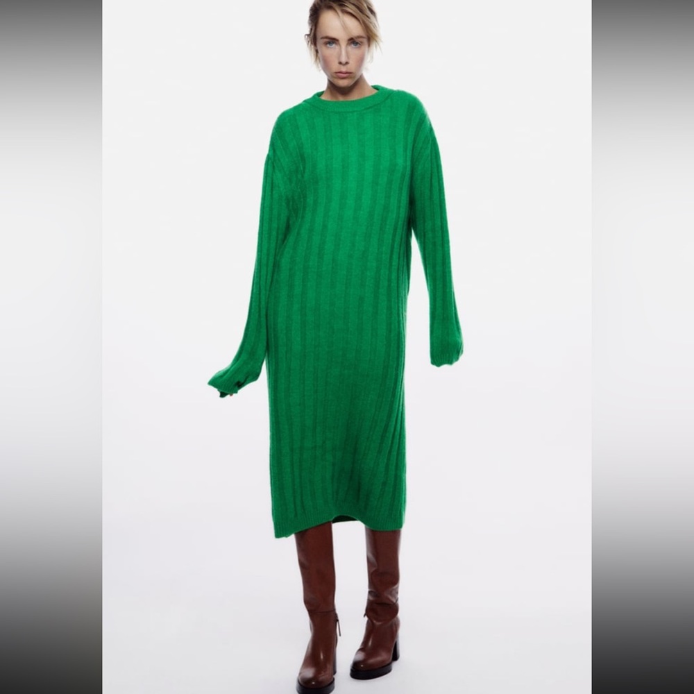 Zara chunky ribbed knit emerald green sweater dress thick